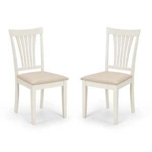 Two white chairs with beige seats on a white background
