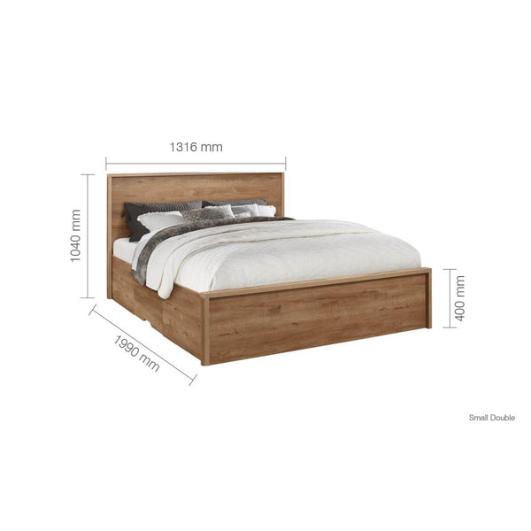 Wooden bed with dimensions labeled on a white background