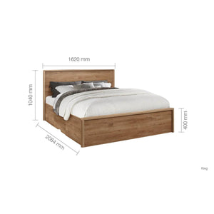 Wooden bed with dimensions labeled on a white background