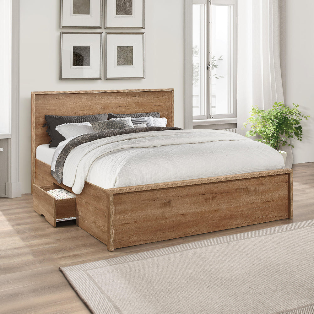 Wooden bed frame with mattress on a white background