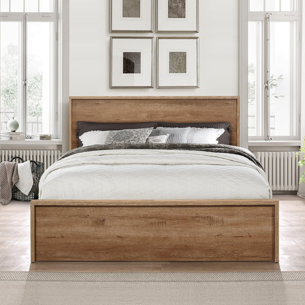 Wooden bed in a bedroom with neutral decor