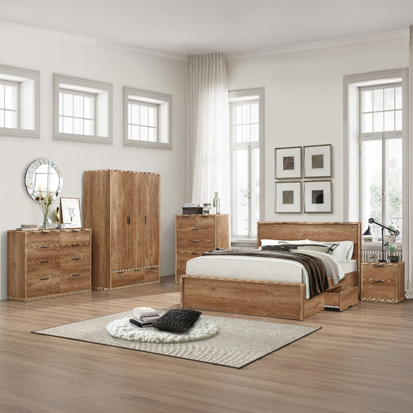Wooden bedroom furniture set in a well-lit room with large windows.