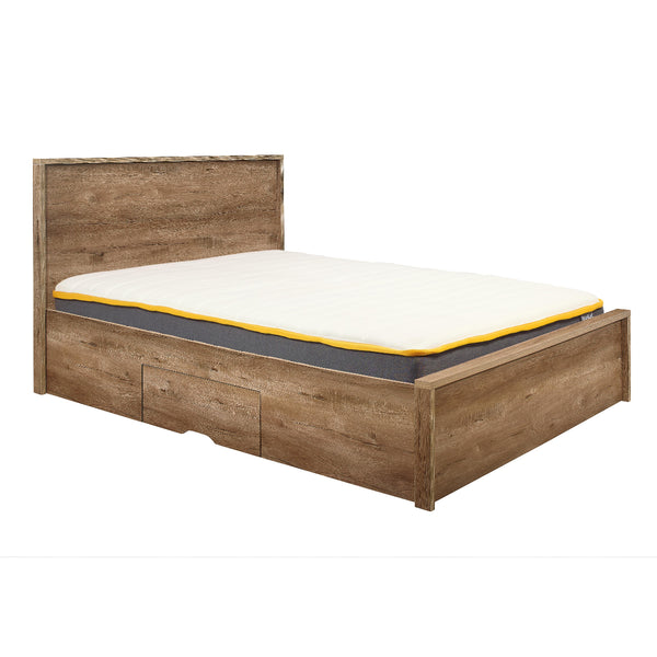 Wooden bed frame with mattress on a white background