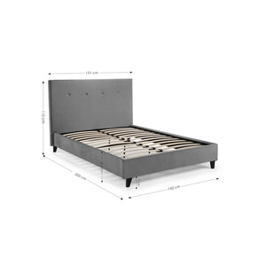 Dark wood bed frame with white mattress on a white background