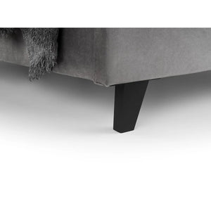Gray upholstered chair with a black leg on a white background