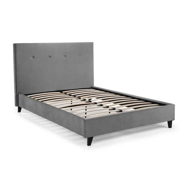 Gray upholstered bed frame on a white background