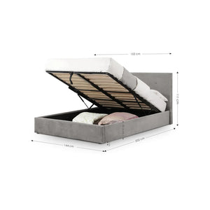 Gray upholstered bed with open storage compartment showing dimensions on a white background