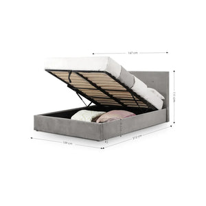 Gray upholstered bed with open storage compartment showing dimensions on a white background