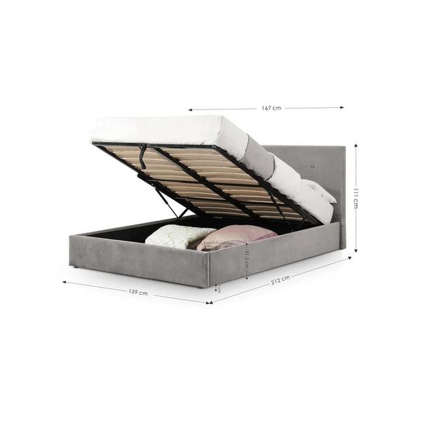 Gray upholstered bed with open storage compartment showing dimensions on a white background