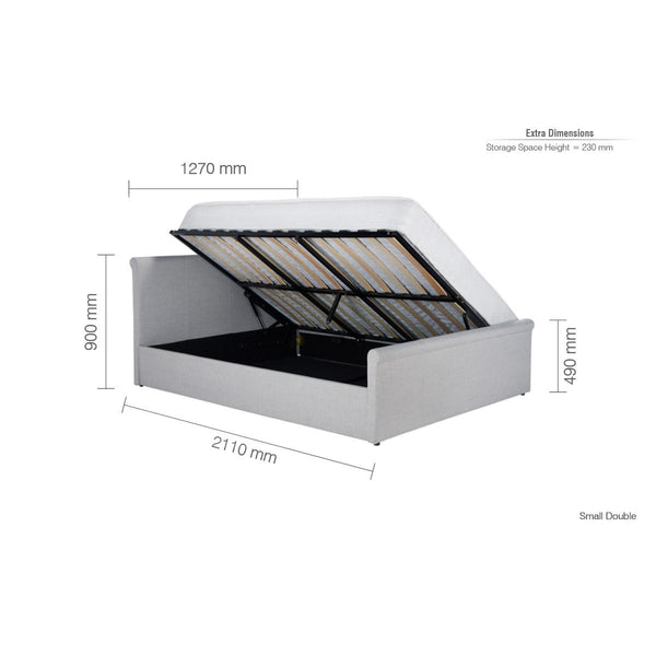 Bed with dimensions labeled on a white background