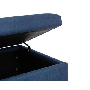 Blue upholstered storage bench with open lid on a white background