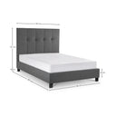 Gray upholstered bed with dimensions labeled on a white background