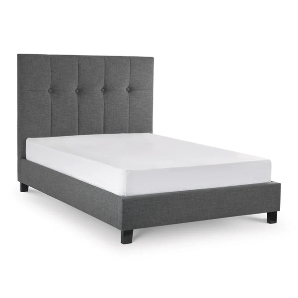 Gray upholstered bed with white mattress on a white background