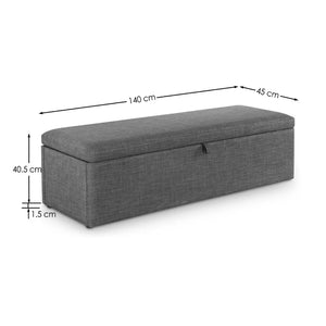 Gray storage bench with dimensions labeled on a white background