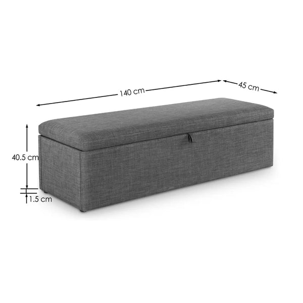 Gray storage bench with dimensions labeled on a white background