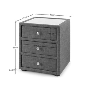 Gray nightstand with three drawers and dimensions labeled on a white background