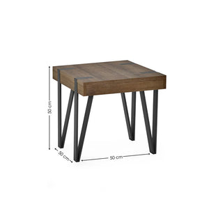 Wooden side table with black metal legs and dimensions on a white background