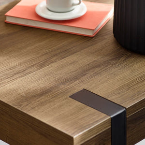 Wooden table corner with a black metal bracket