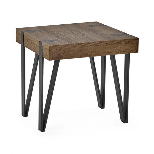 Wooden side table with metal legs on a white background