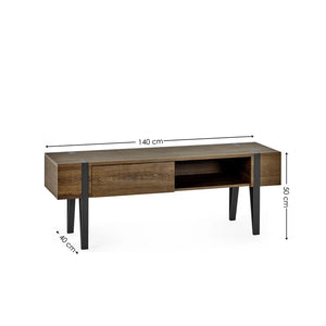 Wooden TV stand with dimensions on a white background