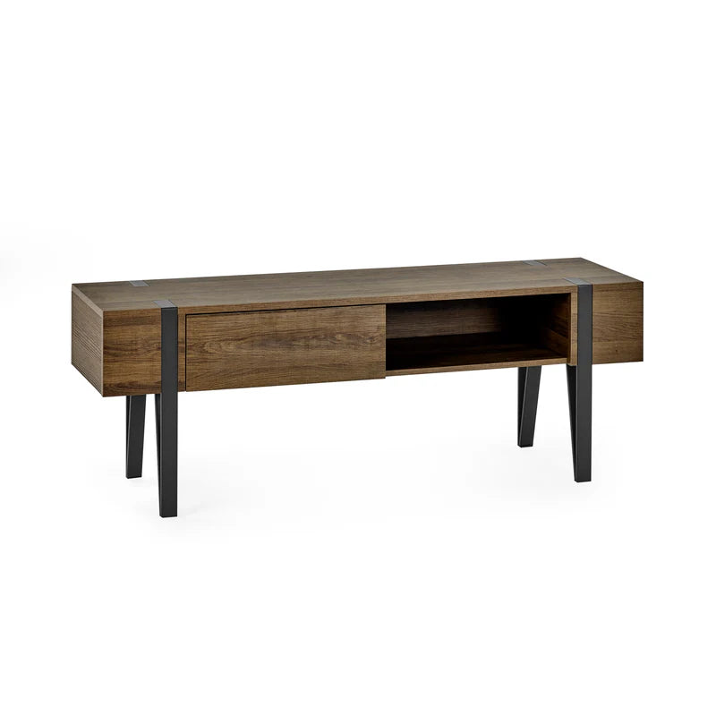 Wooden TV stand with black metal legs on a white background