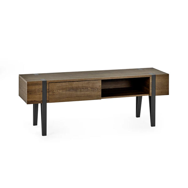 Wooden TV stand with black metal legs on a white background