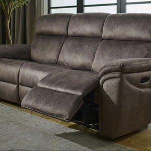 Gray reclining sofa in a living room with large windows and a plant.