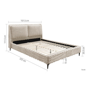 Textured fabric bed with dimensions on a white background
