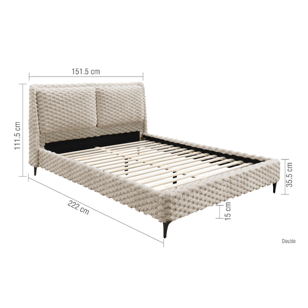 Textured fabric bed with dimensions on a white background
