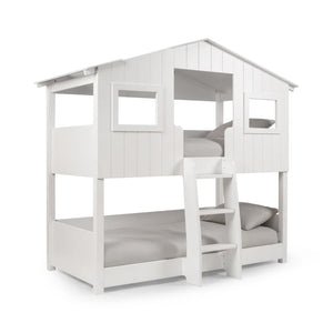 White children's bunk bed with a slide on a white background