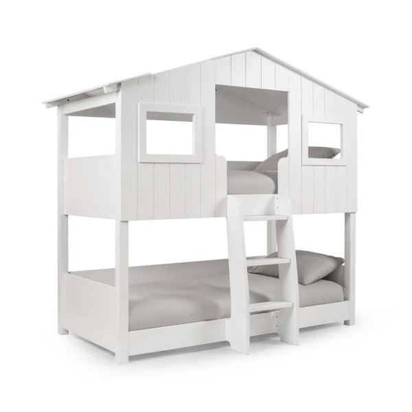 White children's bunk bed with a slide on a white background