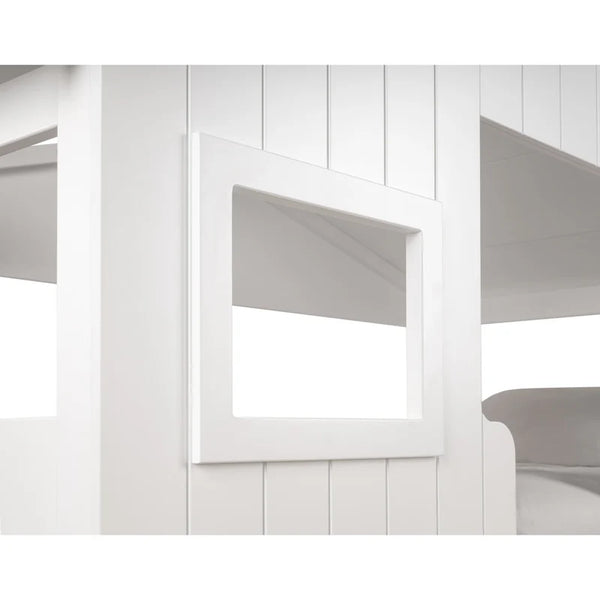 White wooden bunk bed with a mirror on the headboard
