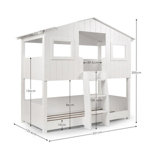 White children's bunk bed with dimensions labeled on a white background