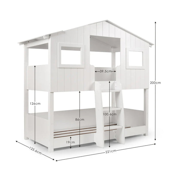 White children's bunk bed with dimensions labeled on a white background