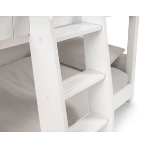White wooden bed with a ladder and mattress on a white background