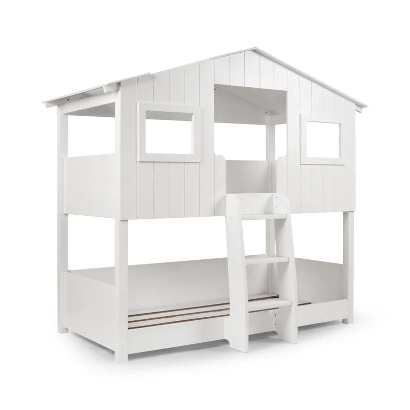 White children's bunk bed with a ladder on a white background