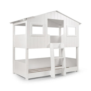 White children's bunk bed with a ladder on a white background