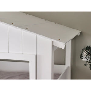 White bunk bed with a partially open top bunk in a room setting.