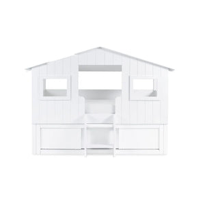 White playhouse bed with a slanted roof on a white background