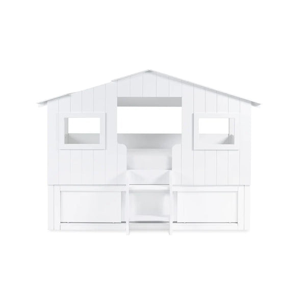 White playhouse bed with a slanted roof on a white background