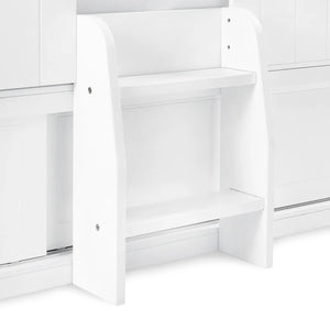 White children's bookshelf with open doors on a white background