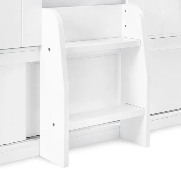 White children's bookshelf with open doors on a white background