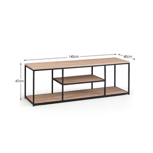 Wooden table with metal frame and dimensions on a white background