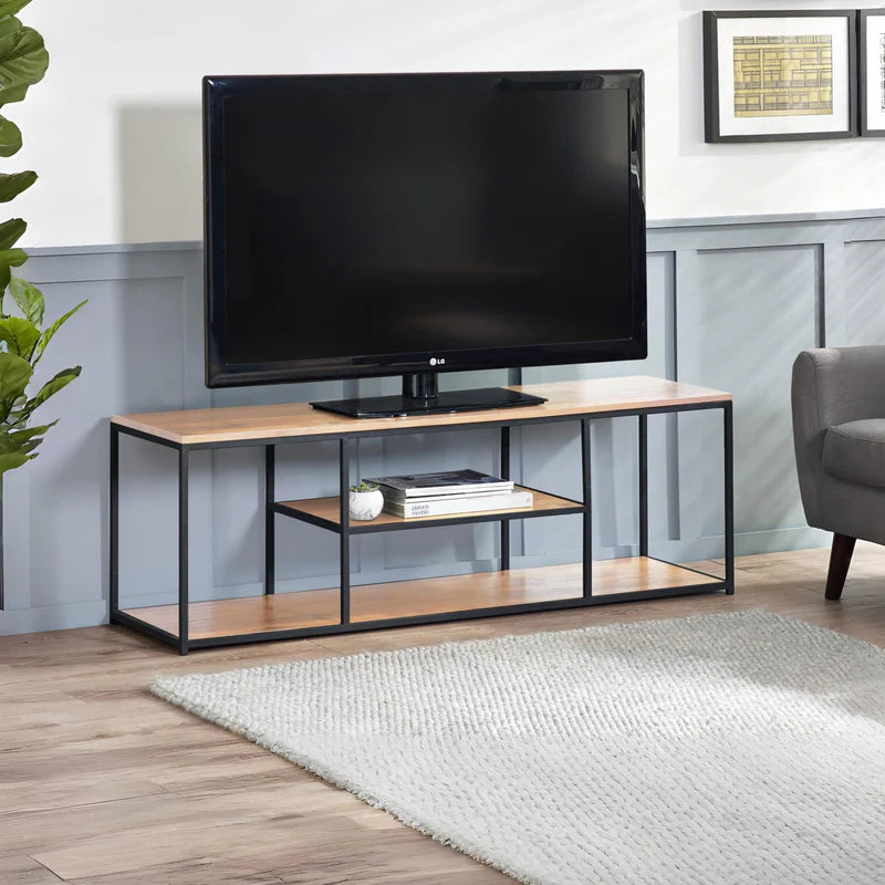Wooden console table with black metal frame on a white background