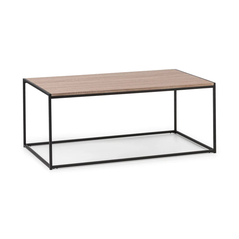Coffee table with wooden top and black metal frame on a white background
