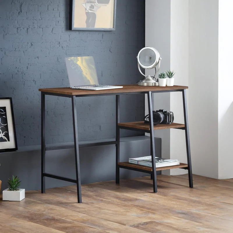 Wooden desk with metal frame on a white background