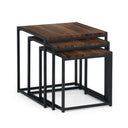 Set of three nesting tables with wooden tops and black metal frames on a white background