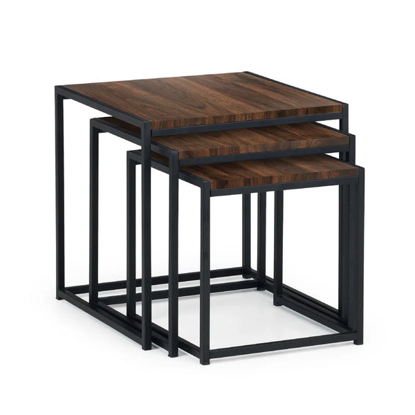 Set of three nesting tables with wooden tops and black metal frames on a white background