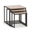 Set of two nesting tables with a black frame and wooden top on a white background