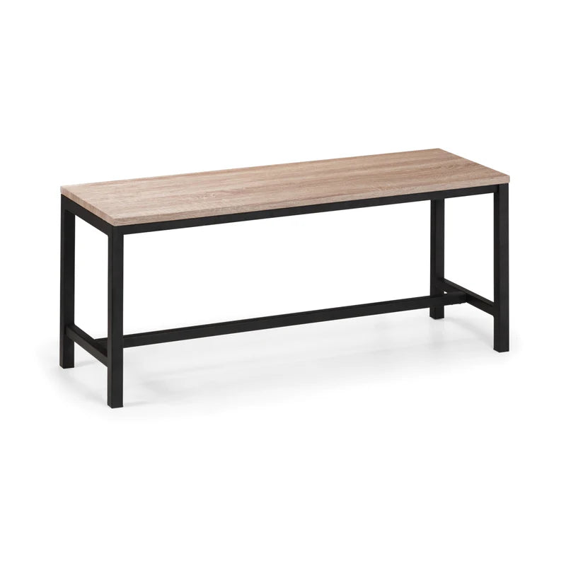 Long wooden table with black metal frame on a white background